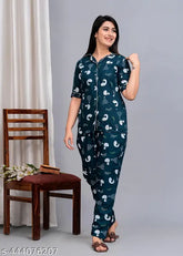 Green rayon printed night suit for women, comfortable & soft pyjama set with three-quarter sleeves